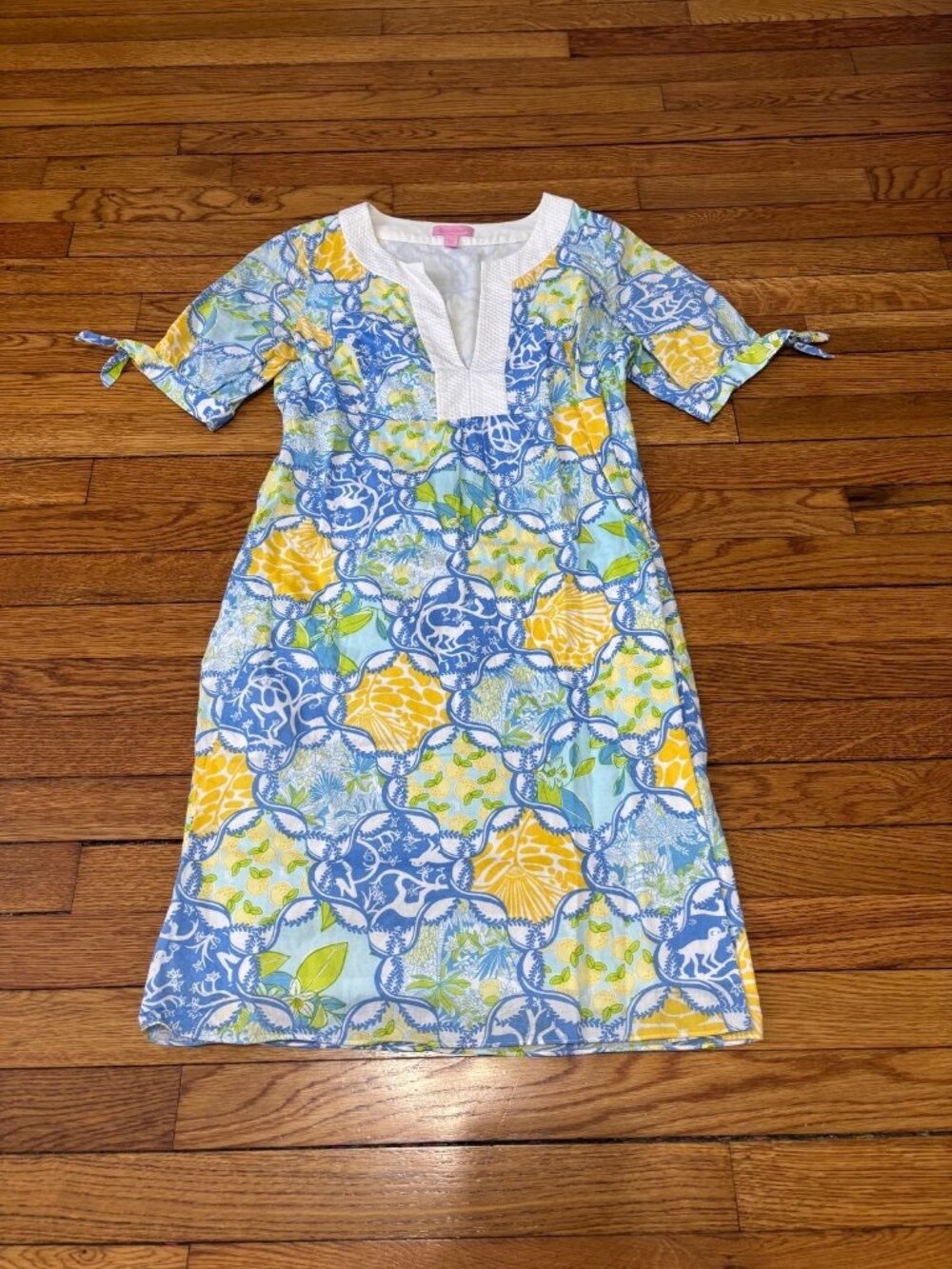 Lilly Pulitzer Womens Shift Dress Sz 6 Blue Green Short Sleeve Notch Neck Cotton